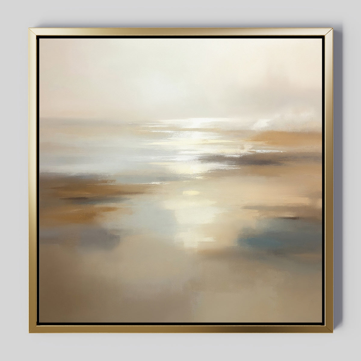 The Sunlit Waters Canvas Art - Square is a framed abstract painting featuring soft beige, blue, and white tones that evoke the tranquility of sunlight reflecting on calm waters and sandy shores.