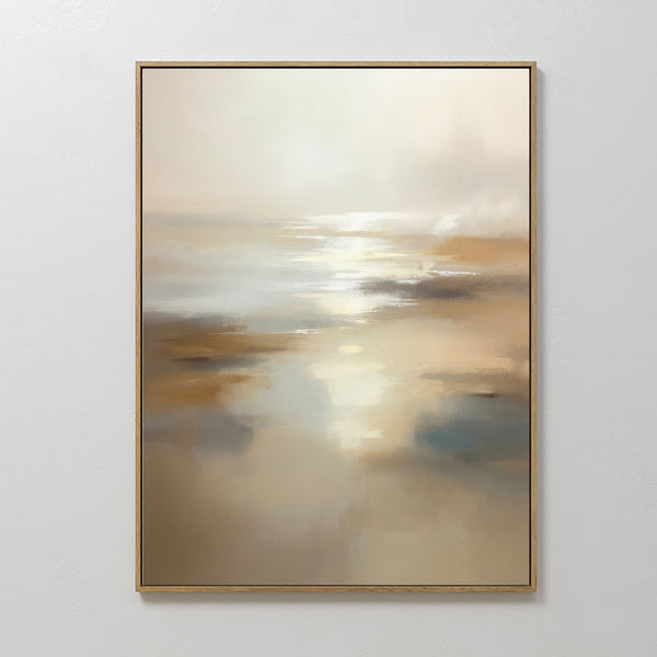 The Sunlit Waters Canvas Art - Vertical features soft beige, brown, and blue tones in an abstract design, evoking a tranquil seascape and light on water—ideal for bringing serenity to any Nordic Park-inspired space.