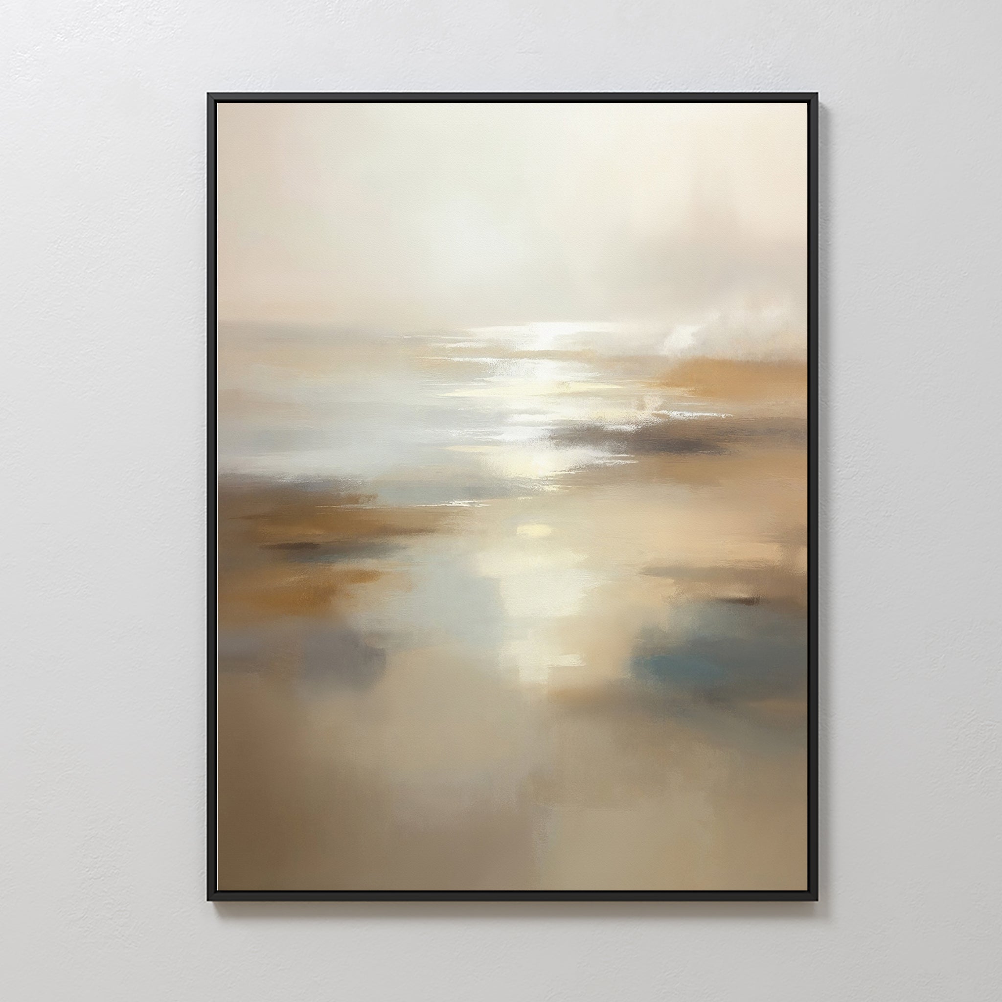 The Sunlit Waters Canvas Art - Vertical features soft blends of beige, tan, white, and blue that evoke a serene seascape—an ideal wall print to enhance Nordic Park-inspired interiors with calming, sunlit beauty.