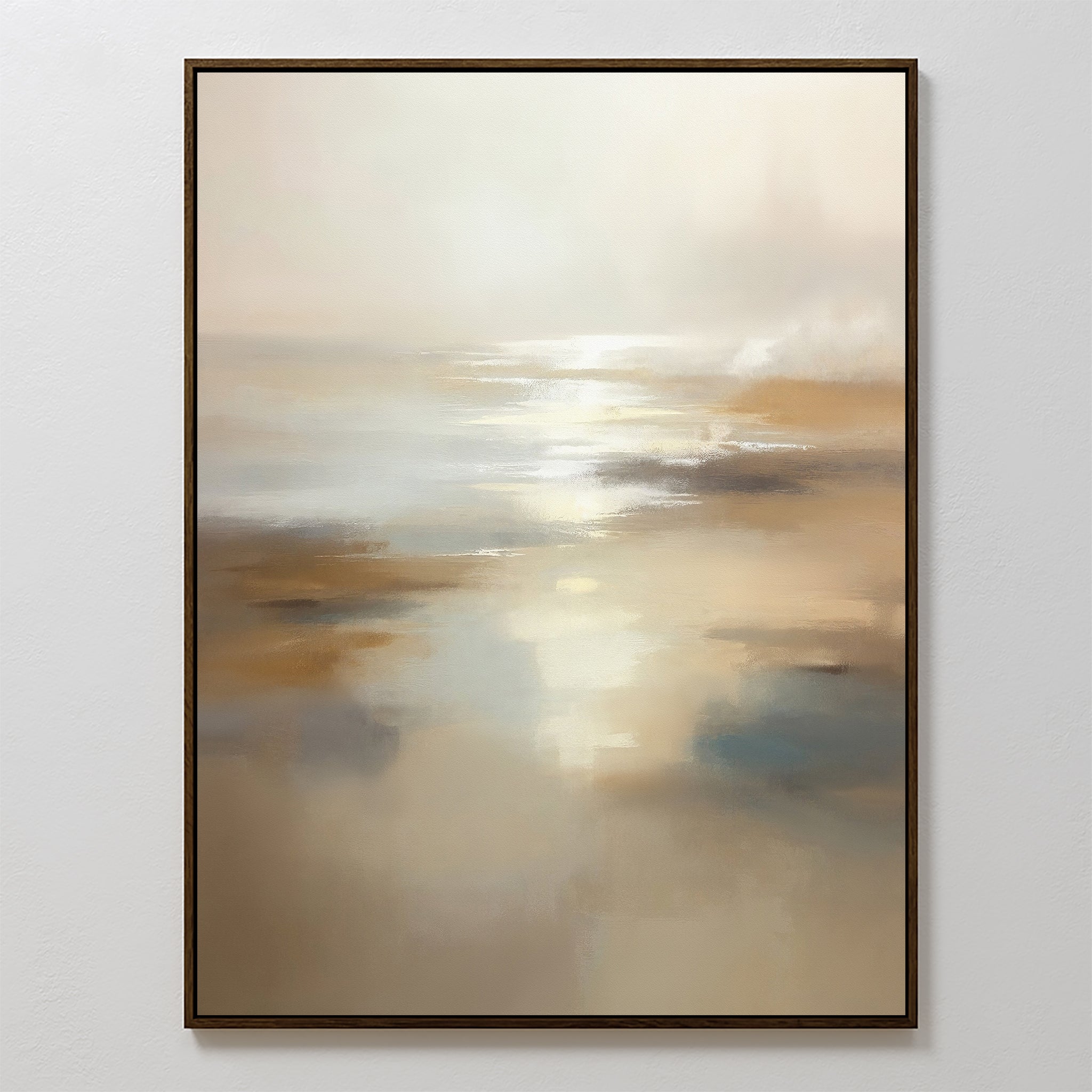 The Sunlit Waters Canvas Art - Vertical features an abstract print in soft beige, white, and light brown, evoking a serene Nordic park with reflective water and a hazy sky. Its slim dark frame makes it perfect wall art for tranquil spaces.
