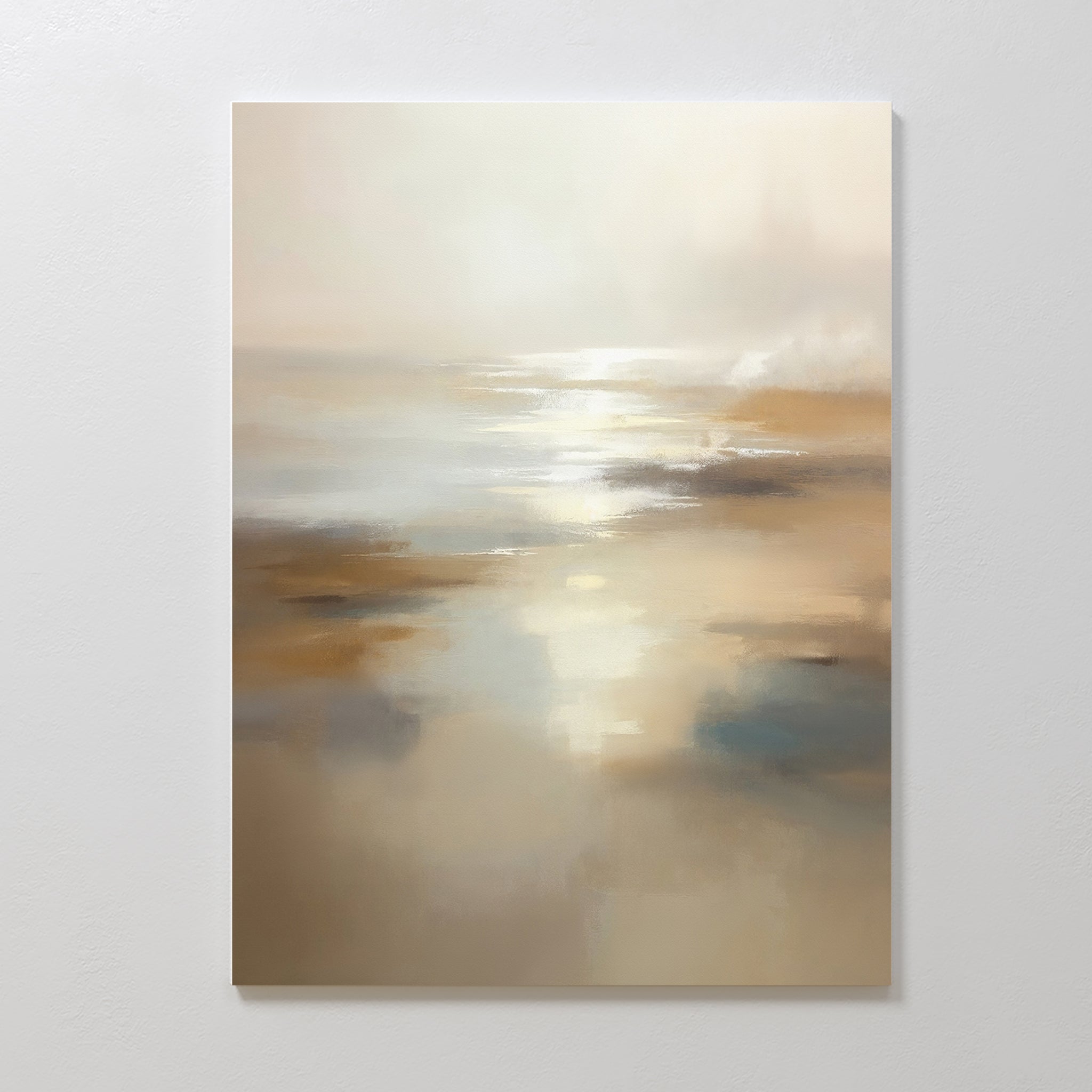 The Sunlit Waters Canvas Art - Vertical features a soft, abstract seascape with gentle beige, brown, white, and blue tones. Sunlight shimmers on calm water beneath a hazy sky—ideal for bringing Nordic Park elegance to your space.