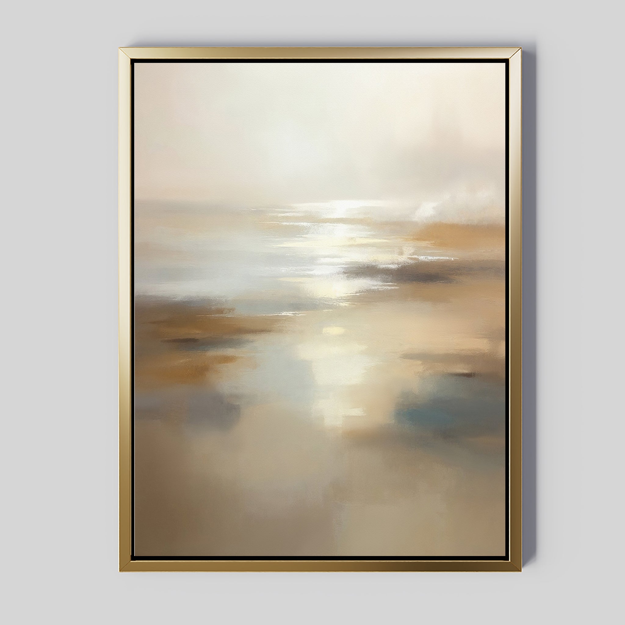The Sunlit Waters Canvas Art - Vertical features soft blends of beige, brown, and blue in an abstract design, evoking a serene seascape with gentle reflections—ideal for Nordic Park-inspired decor.