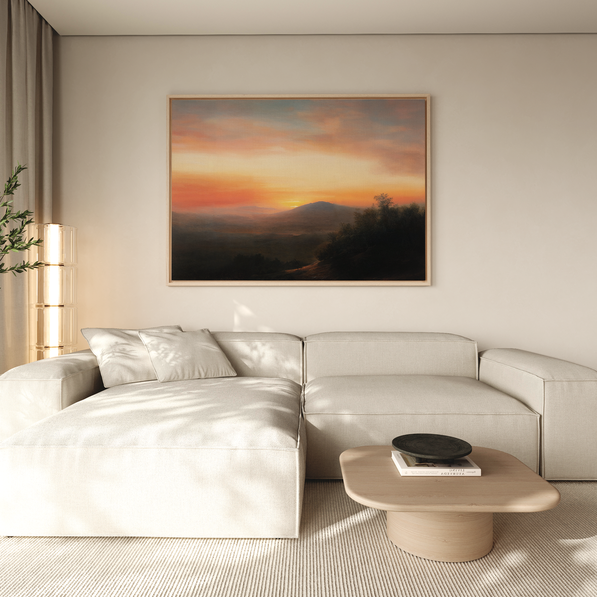 A modern living room featuring a light beige sectional sofa, a wooden coffee table, and the Sunset Reflection Canvas Art hanging above. Natural light filters through sheer curtains, creating a tranquil atmosphere.