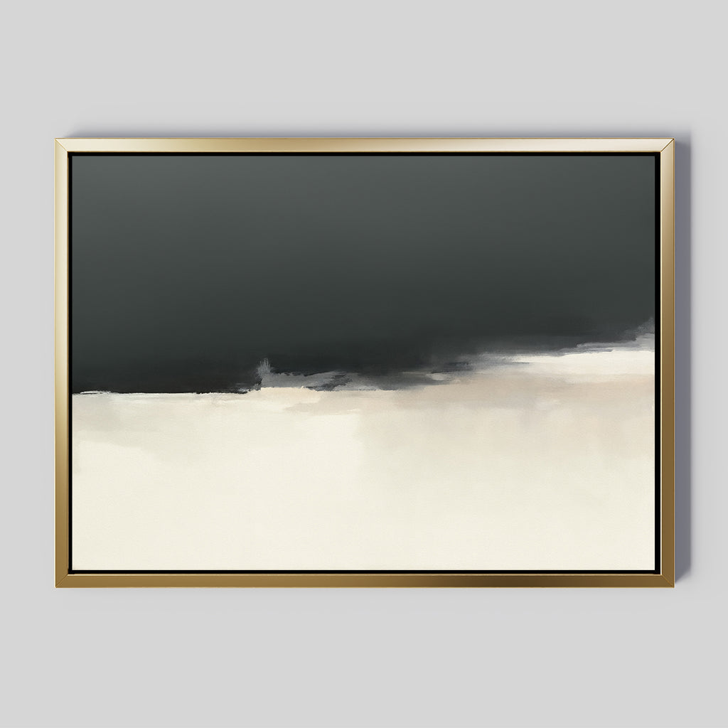 The Tempest Brewing Canvas Art - Horizontal features abstract wall art in a gold frame, with dark gray merging into off-white for a minimal, soft-blurred look—an atmospheric piece perfect for modern decor.