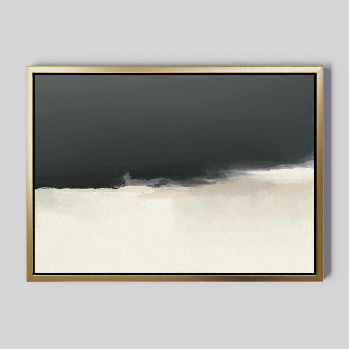 The Tempest Brewing Canvas Art - Horizontal features abstract wall art in a gold frame, with dark gray merging into off-white for a minimal, soft-blurred look—an atmospheric piece perfect for modern decor.