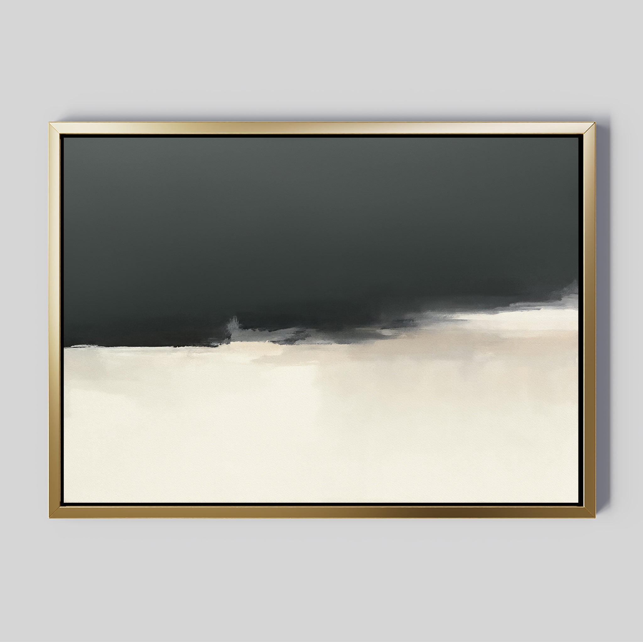 The Tempest Brewing Canvas Art - Horizontal features abstract wall art in a gold frame, with dark gray merging into off-white for a minimal, soft-blurred look—an atmospheric piece perfect for modern decor.