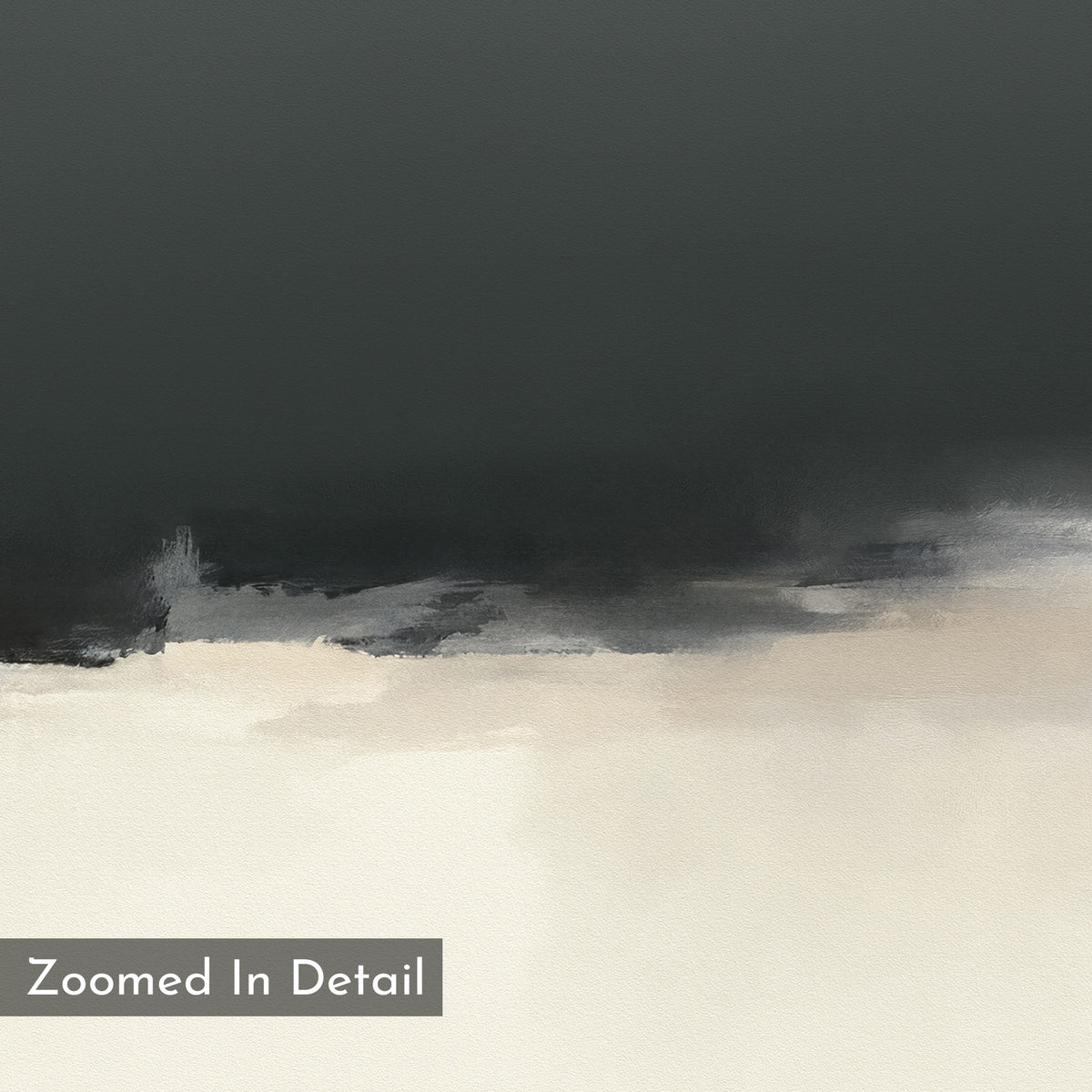 The Tempest Brewing Canvas Art - Horizontal features dark gray merging into lighter gray and off-white with textured brushstrokes for a misty, atmospheric effect. "Zoomed In Detail" is visible in the lower left corner.