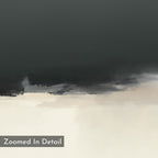 The Tempest Brewing Canvas Art - Horizontal features dark gray merging into lighter gray and off-white with textured brushstrokes for a misty, atmospheric effect. "Zoomed In Detail" is visible in the lower left corner.