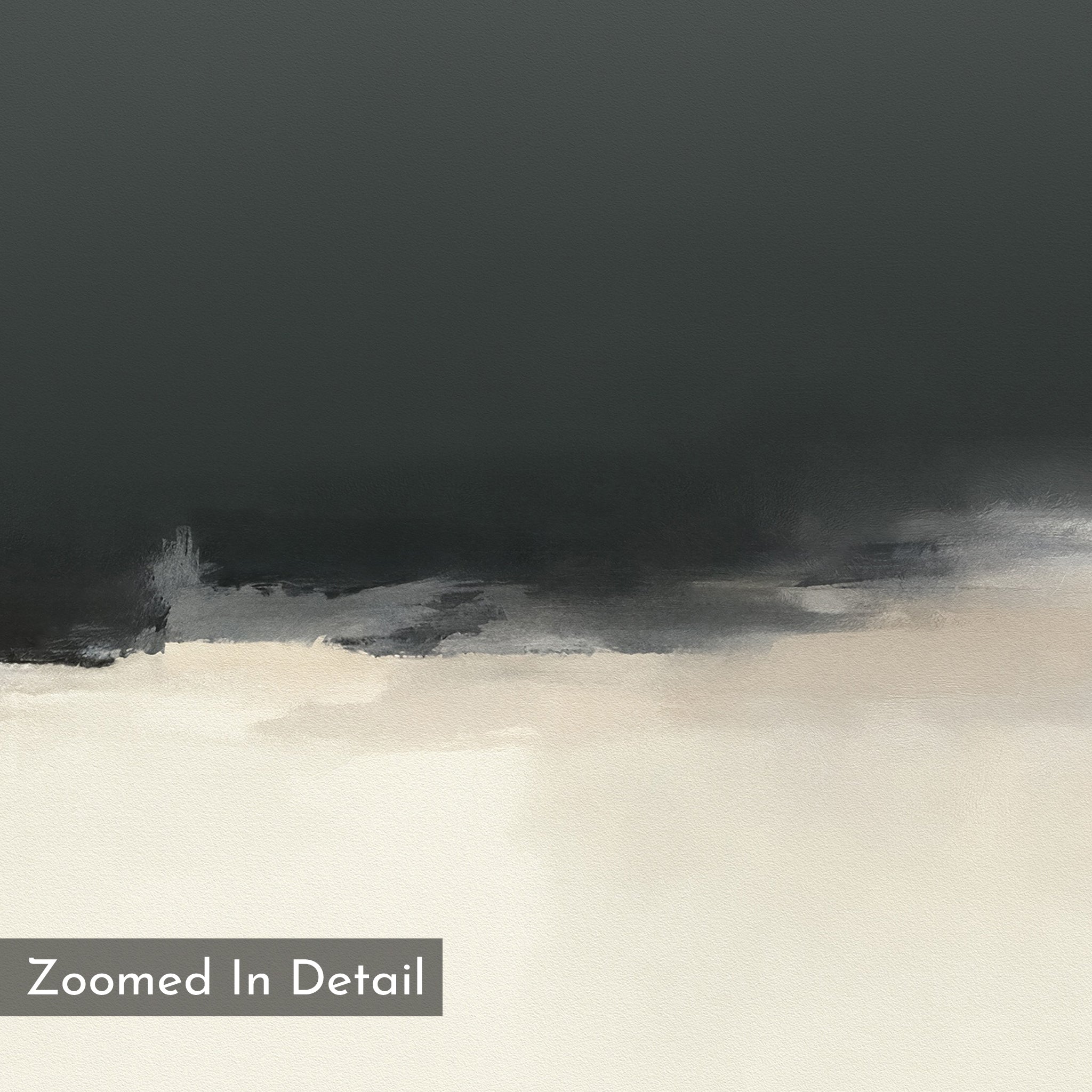 The Tempest Brewing Canvas Art - Horizontal features dark gray merging into lighter gray and off-white with textured brushstrokes for a misty, atmospheric effect. "Zoomed In Detail" is visible in the lower left corner.