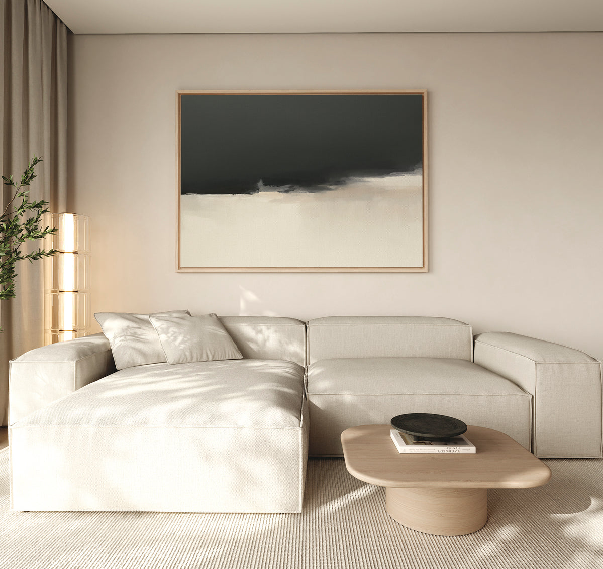 A modern living room with a light beige sectional sofa, low wooden coffee table with a dark bowl, tall plant, neutral curtains, and Tempest Brewing Canvas Art - Horizontal on the wall featuring dramatic dark and light tones.