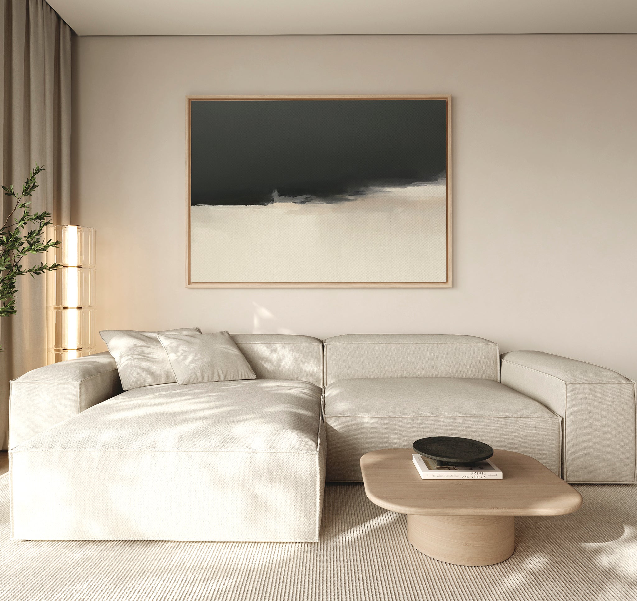 A modern living room with a light beige sectional sofa, low wooden coffee table with a dark bowl, tall plant, neutral curtains, and Tempest Brewing Canvas Art - Horizontal on the wall featuring dramatic dark and light tones.