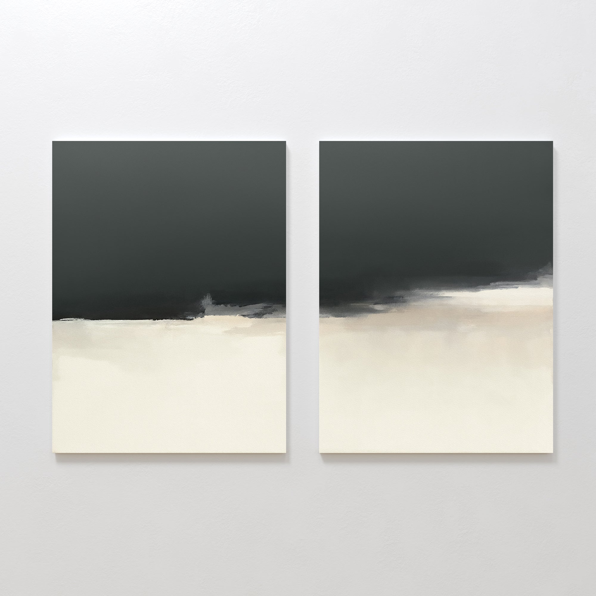 The Tempest Brewing - Set Of 2 features two abstract square paintings with dark gray tops fading into light beige and off-white. Displayed side by side on a white wall, they create modern, minimalist, and dramatic wall art.