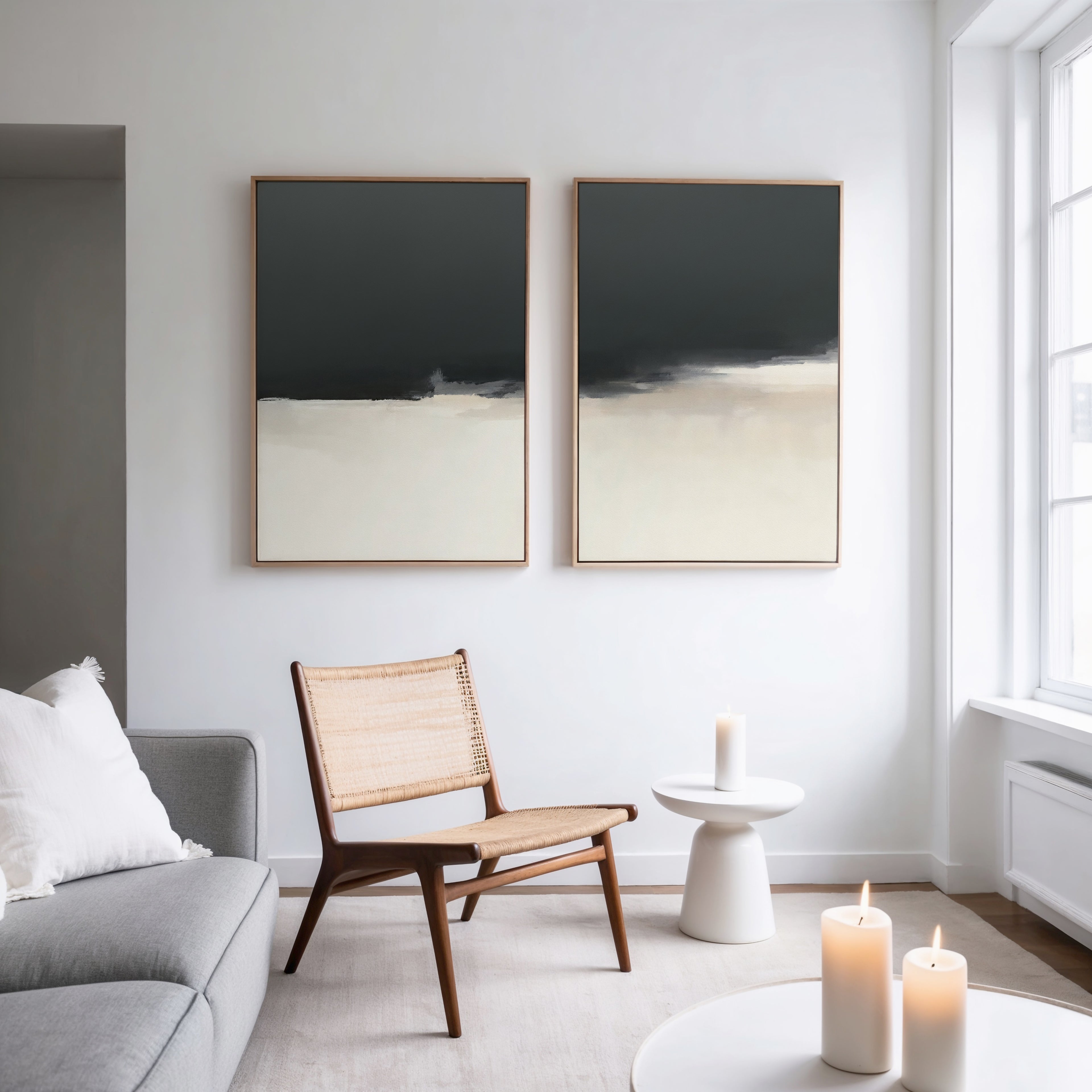 A modern, minimal living room with a light gray sofa, wooden chair, small round table, and a large window features dramatic wall art: Tempest Brewing - Set Of 2 abstract black-and-white paintings. Three lit candles set an atmospheric mood.