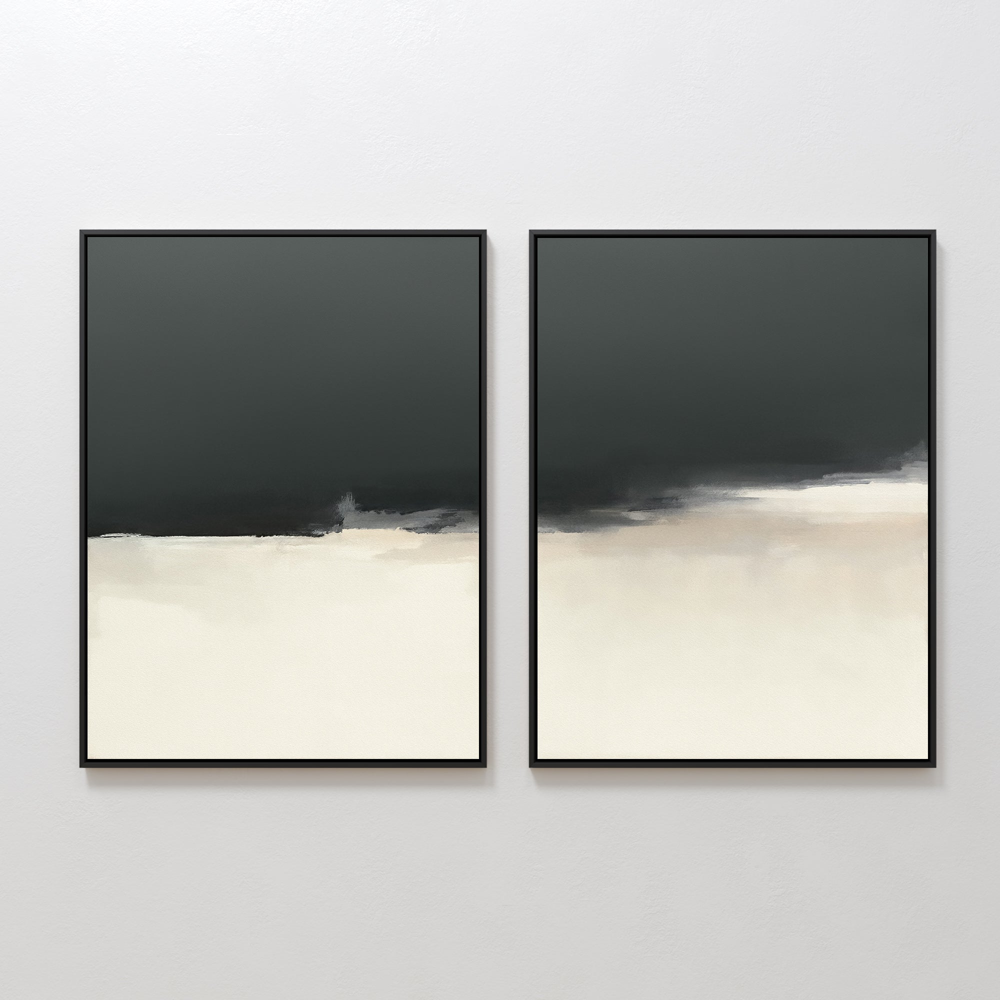 The "Tempest Brewing - Set Of 2" features minimalist abstract paintings with dark gray tops fading into beige and off-white tones, creating a serene, Nordic-inspired atmosphere—perfect dramatic wall art for modern spaces.