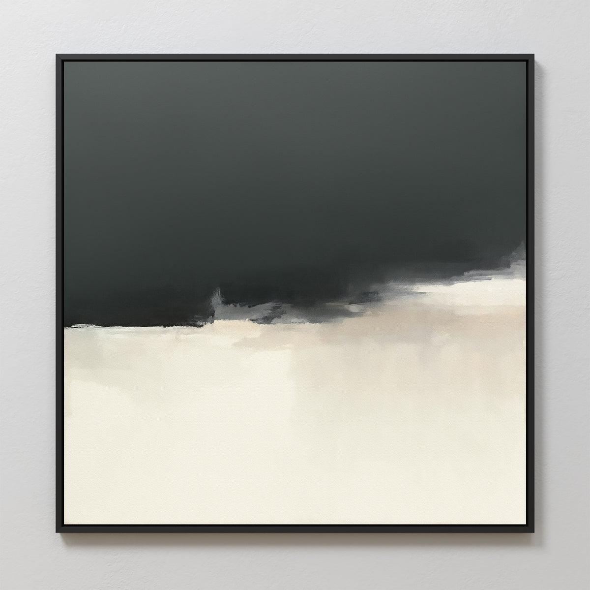 Tempest Brewing Canvas Art - Square features a minimalist abstract design with black blending into white and beige tones. Framed in a simple black frame, this moody wall art is shown hung on a light gray wall.