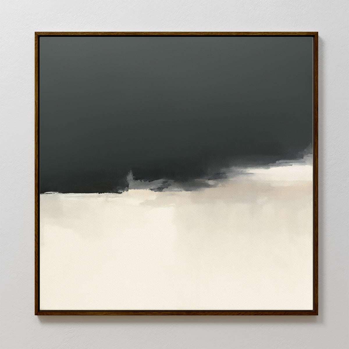 The Tempest Brewing Canvas Art - Square features a dark gray upper half blending into beige and white below, creating a soft, cloudy horizon. Finished in a thin dark wooden frame, this atmospheric piece adds depth to any wall.