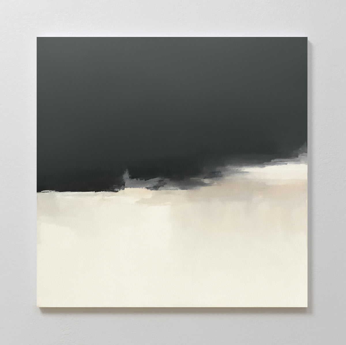 Tempest Brewing Canvas Art - Square features a minimalist abstract design with a dark gray top merging into beige and off-white below. Soft, blurred edges and textured brushstrokes create a moody, striking look perfect for modern walls.