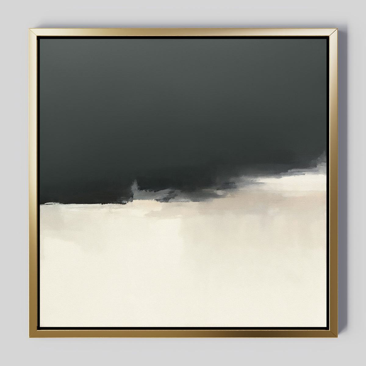 Tempest Brewing Canvas Art - Square features abstract atmospheric wall art in a gold frame, with a dark charcoal upper half blending softly into a light off-white lower half and subtle tonal transitions.