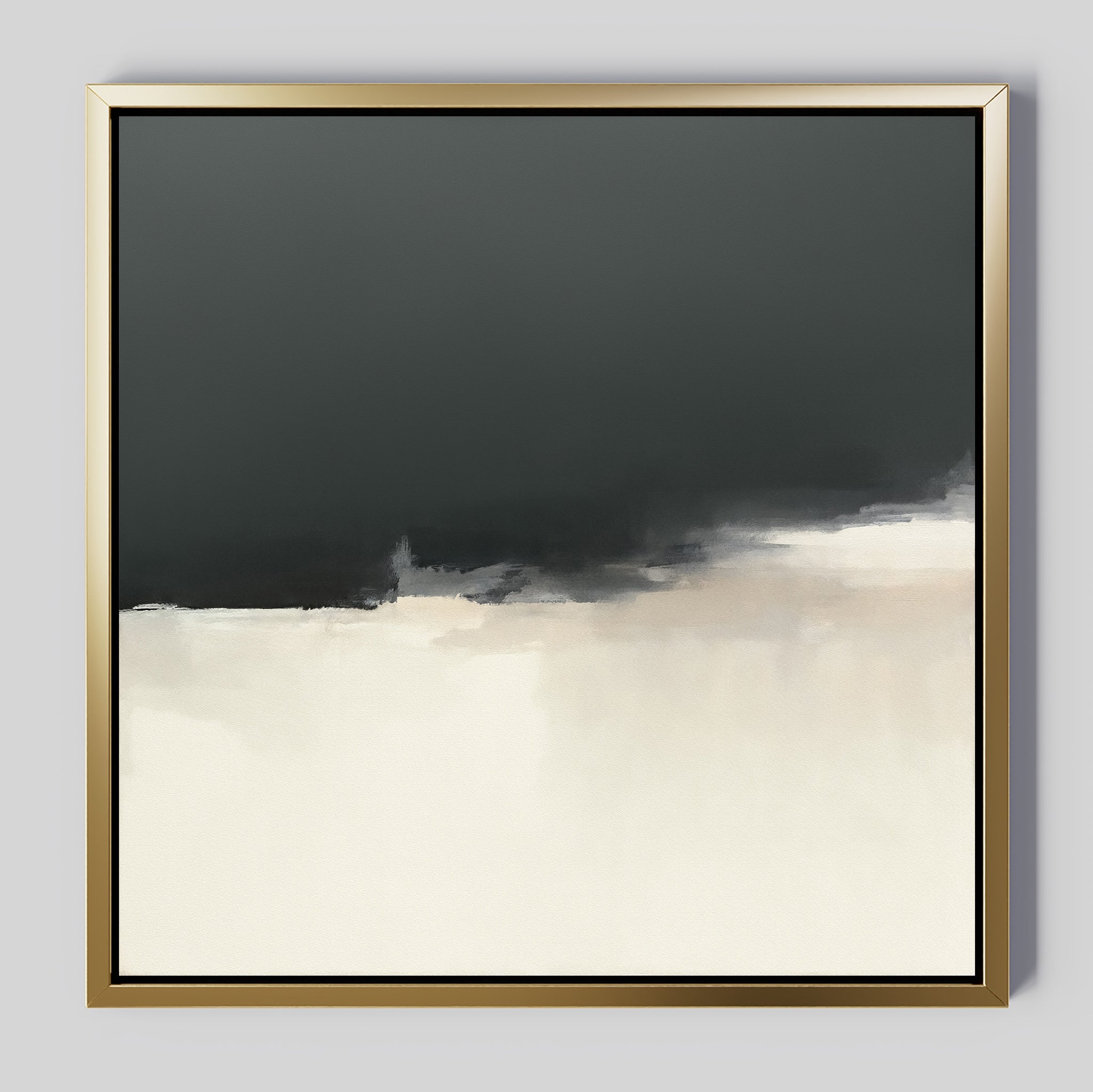Tempest Brewing Canvas Art - Square features abstract atmospheric wall art in a gold frame, with a dark charcoal upper half blending softly into a light off-white lower half and subtle tonal transitions.