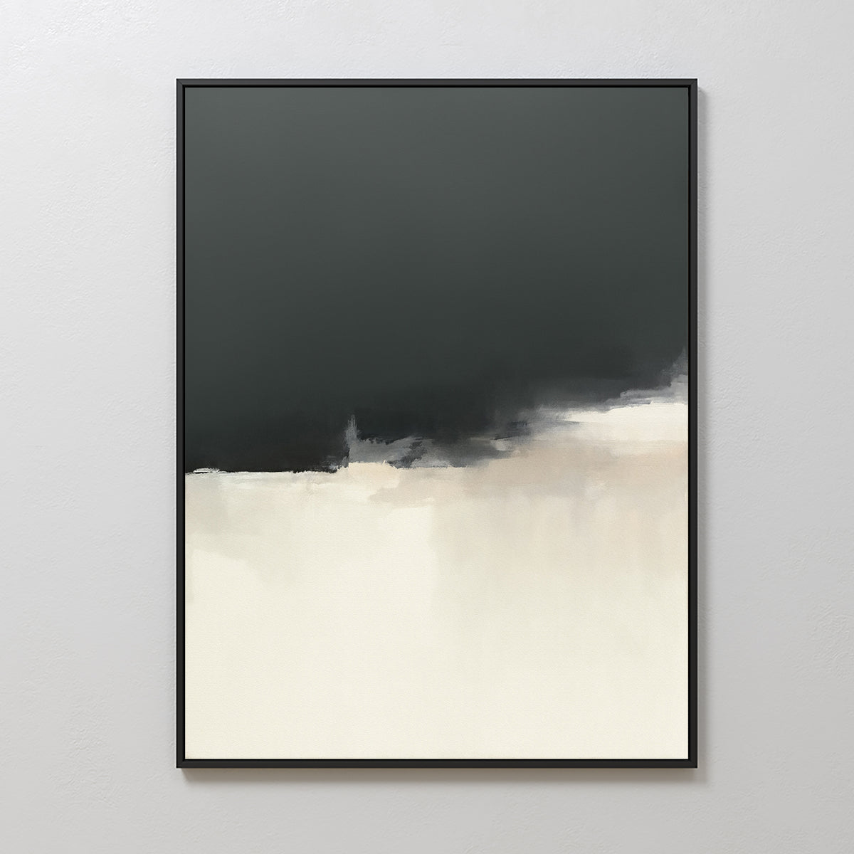Tempest Brewing Canvas Art - Vertical features a dark gray upper half merging into soft beige below with a hazy border, framed in slim black and displayed on a light wall for an atmospheric look.