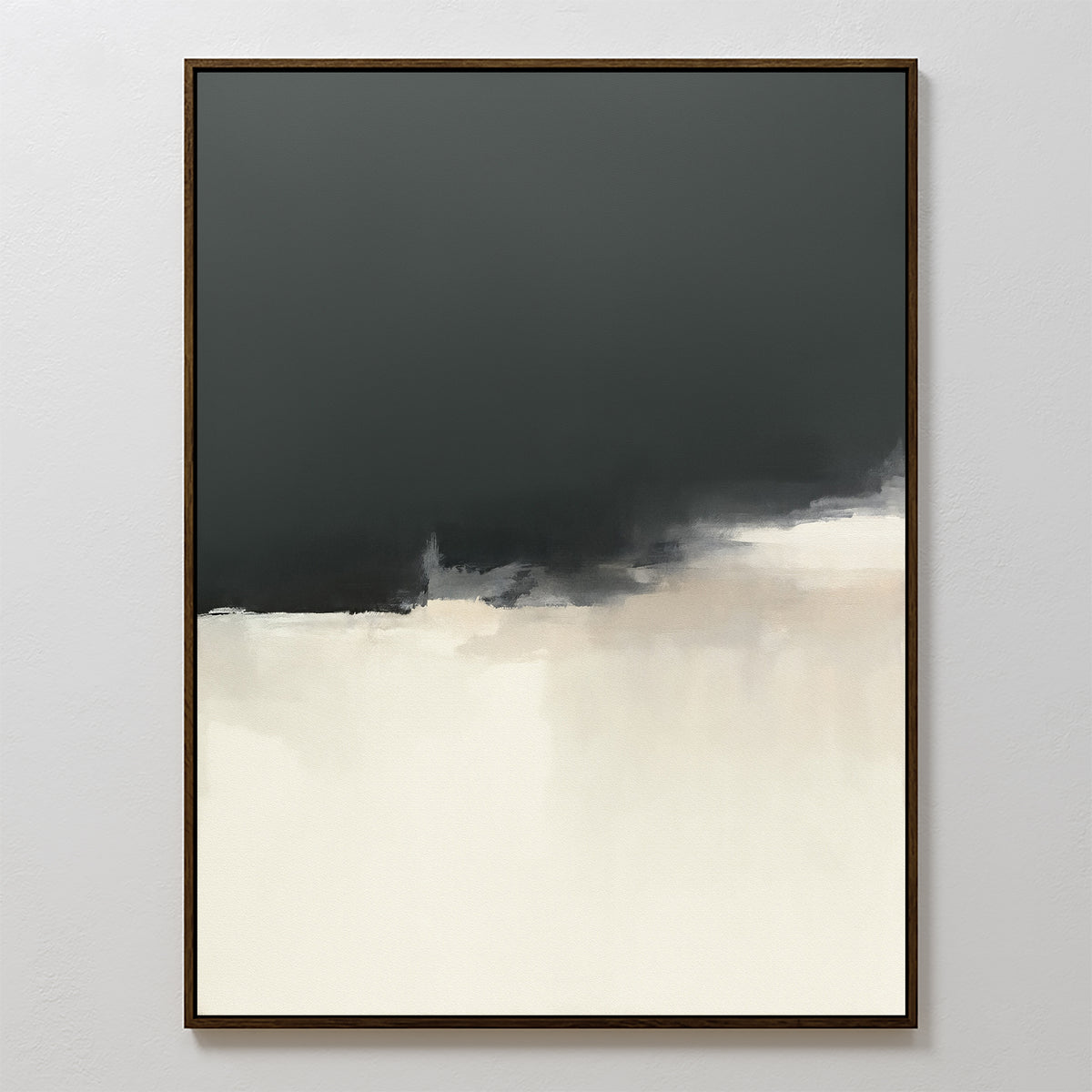 Tempest Brewing Canvas Art - Vertical features a dark gray upper half fading into soft white below, divided by a blurred edge. Elegantly framed in simple dark wood, this piece brings Nordic Park-inspired drama to your space.
