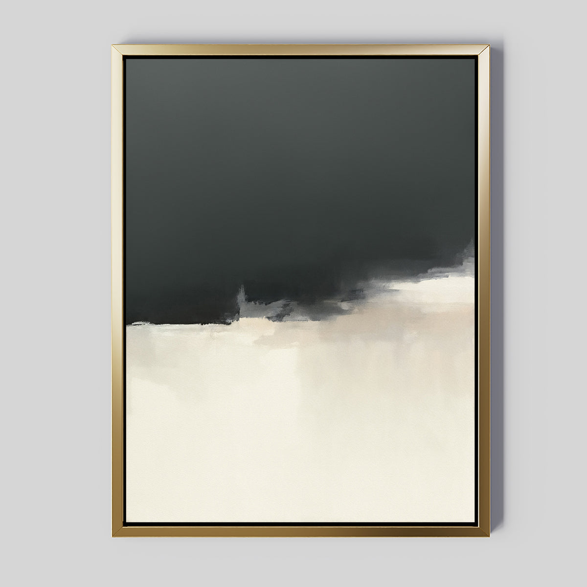 The Tempest Brewing Canvas Art - Vertical features minimalist abstract design in a gold frame, with a dark gray upper half blending softly into light beige and white below for an atmospheric, modern look.