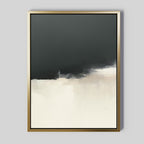 The Tempest Brewing Canvas Art - Vertical features minimalist abstract design in a gold frame, with a dark gray upper half blending softly into light beige and white below for an atmospheric, modern look.
