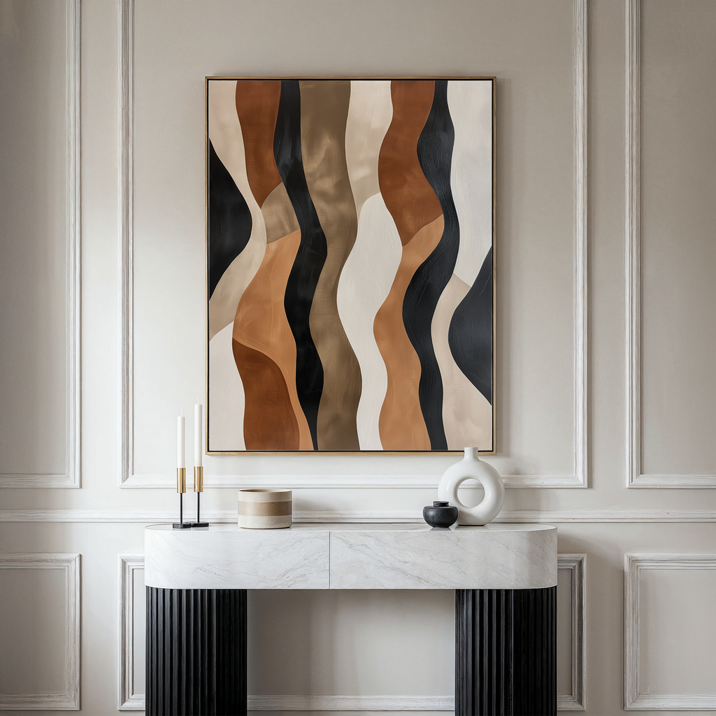 The Wavy Patterns Abstract Canvas Art, featuring black, brown, beige, and cream shapes, hangs above a white marble console with candles and a round vase for a minimalist touch—perfect for modern home decor.