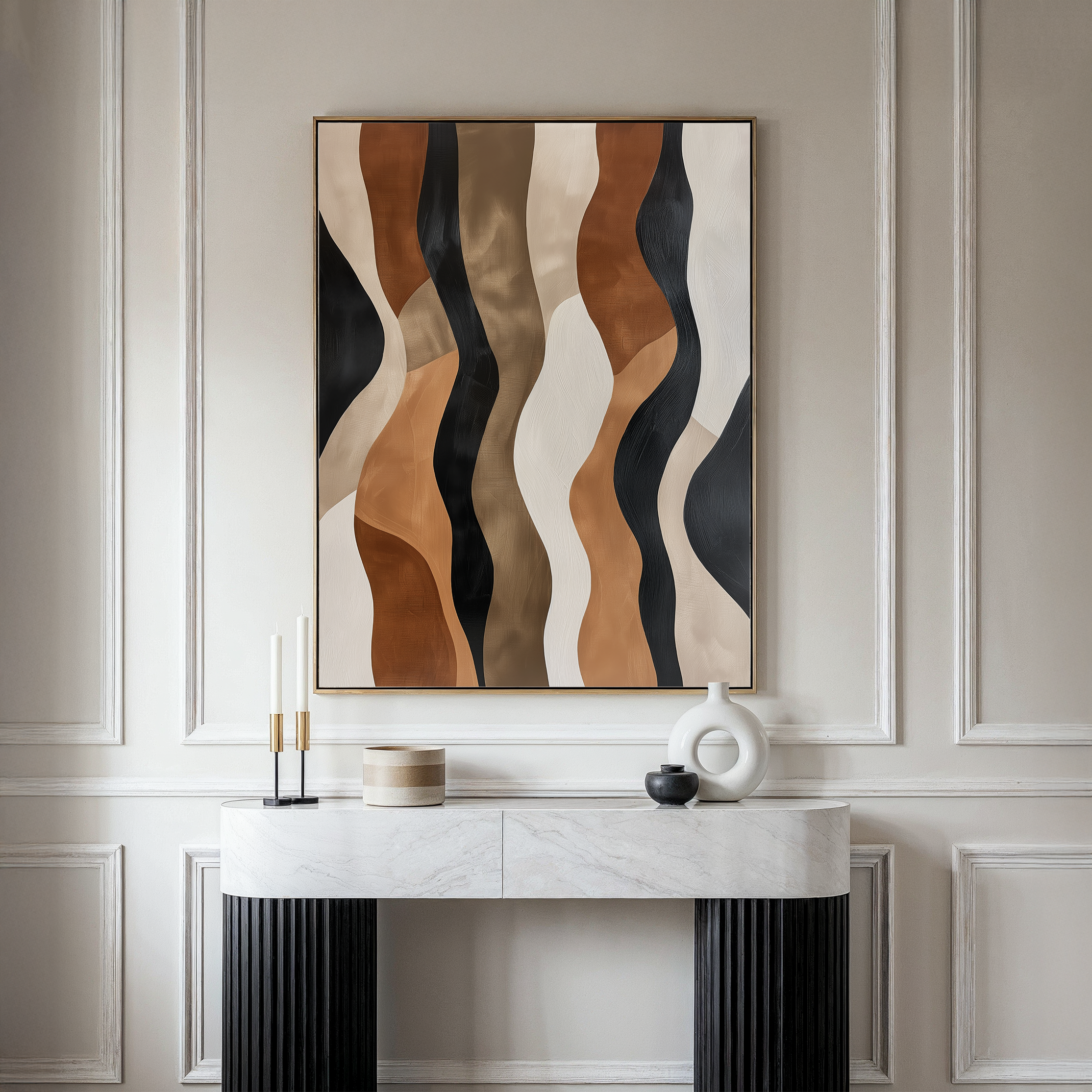 The Wavy Patterns Abstract Canvas Art, featuring black, brown, beige, and cream shapes, hangs above a white marble console with candles and a round vase for a minimalist touch—perfect for modern home decor.