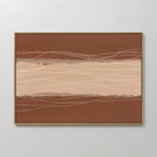 Terracotta Currents Canvas Art - Horizontal features abstract brown and beige bands with thin, wavy white lines. It comes framed in a slim gold border and looks striking against a white wall.