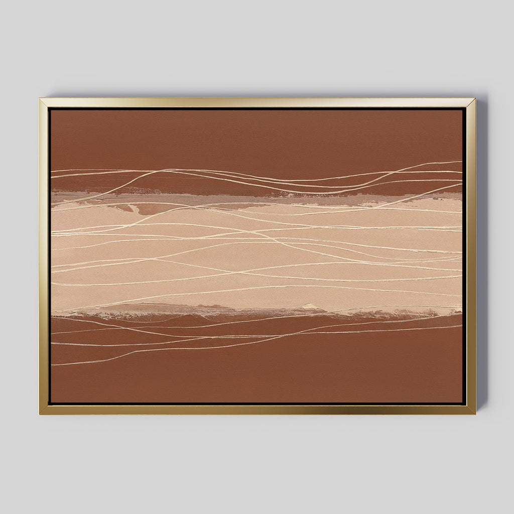 The Terracotta Currents Canvas Art - Horizontal features warm brown, beige, and terracotta bands with thin wavy lines, set in a gold-tone frame against a light gray background for a modern Nordic Park style.