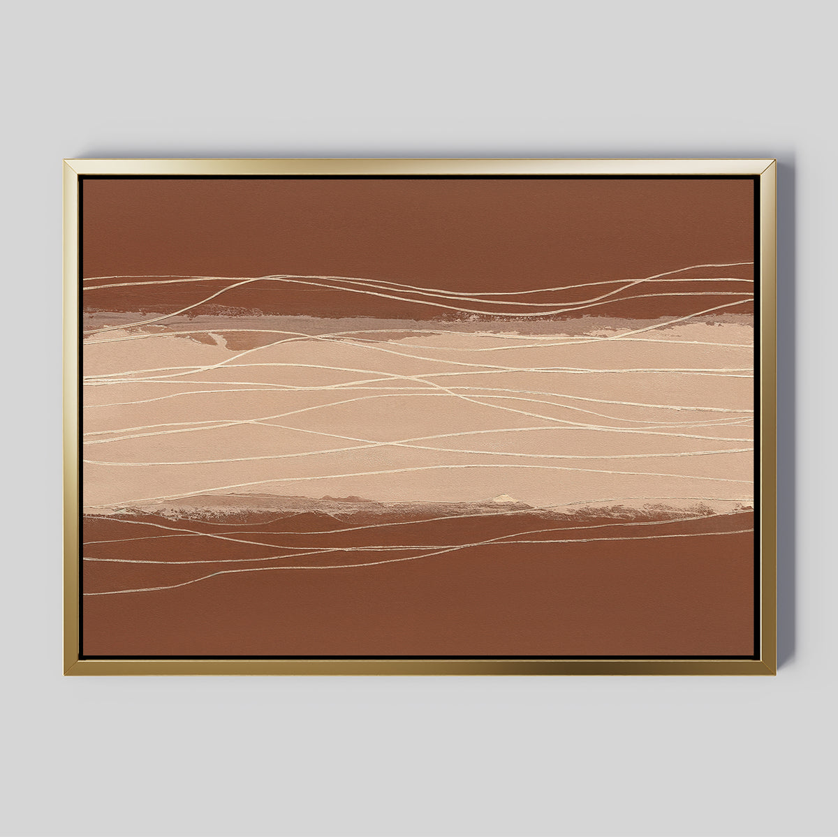 The Terracotta Currents Canvas Art - Horizontal features warm brown, beige, and terracotta bands with thin wavy lines, set in a gold-tone frame against a light gray background for a modern Nordic Park style.