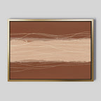 The Terracotta Currents Canvas Art - Horizontal features warm brown, beige, and terracotta bands with thin wavy lines, set in a gold-tone frame against a light gray background for a modern Nordic Park style.