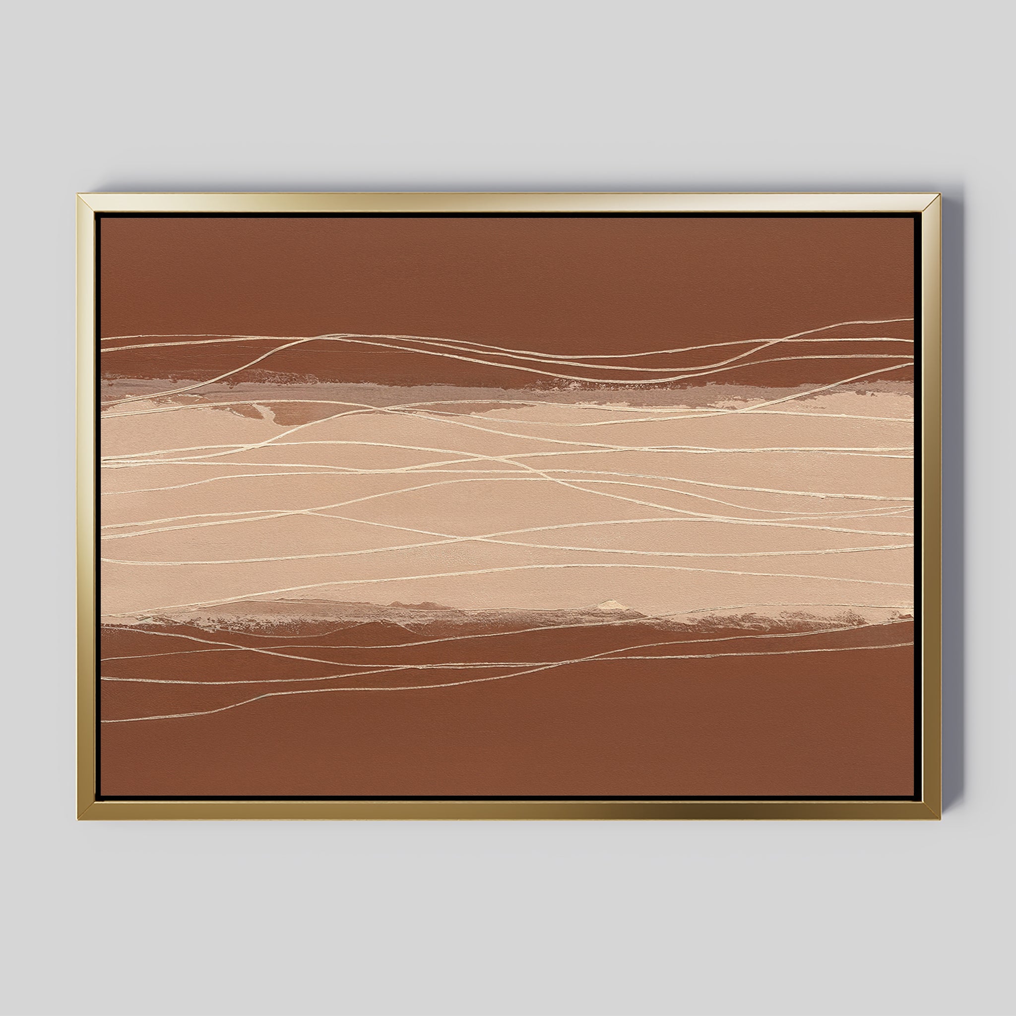 The Terracotta Currents Canvas Art - Horizontal features warm brown, beige, and terracotta bands with thin wavy lines, set in a gold-tone frame against a light gray background for a modern Nordic Park style.