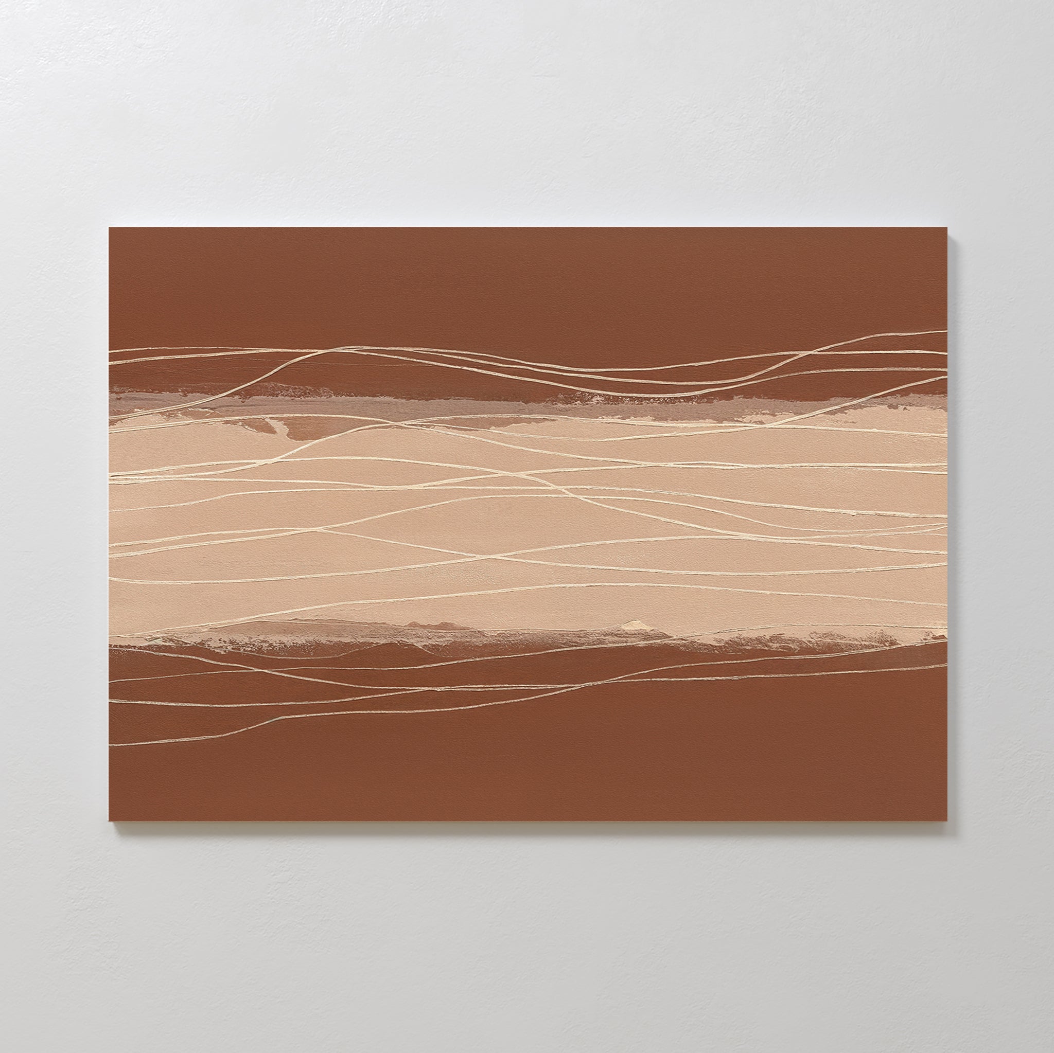Terracotta Currents Canvas Art - Horizontal features textured horizontal layers in brown and beige with wavy cream and white lines, evoking an earthy landscape. Ideal modern wall art for a serene Nordic Park-inspired space on a plain white wall.