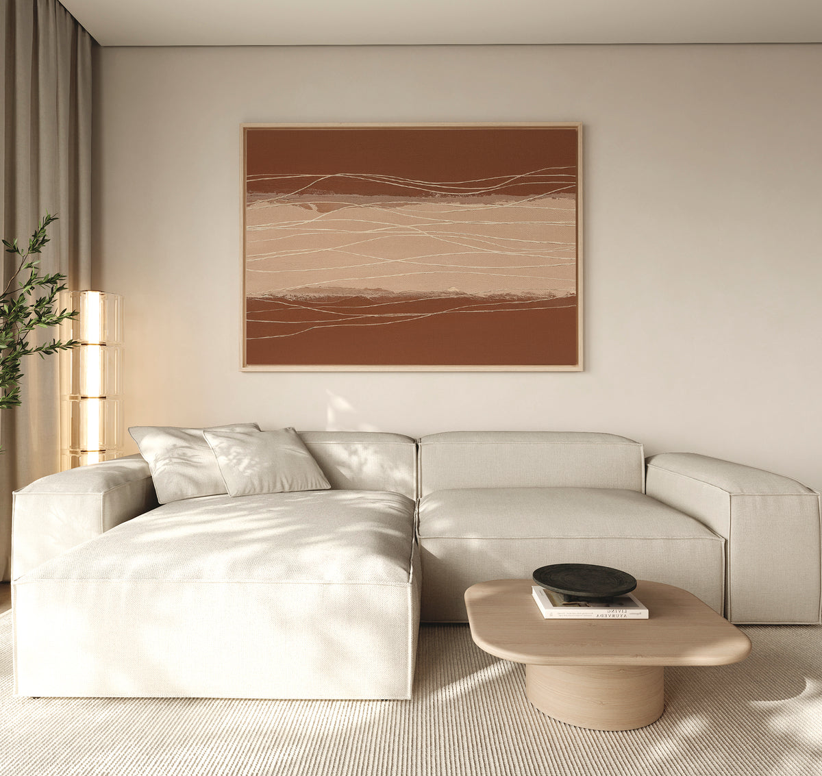 A minimalist living room with a light beige sectional, wooden coffee table with a black bowl, potted plant, and Terracotta Currents Canvas Art - Horizontal on the wall. Natural light filters through sheer curtains.