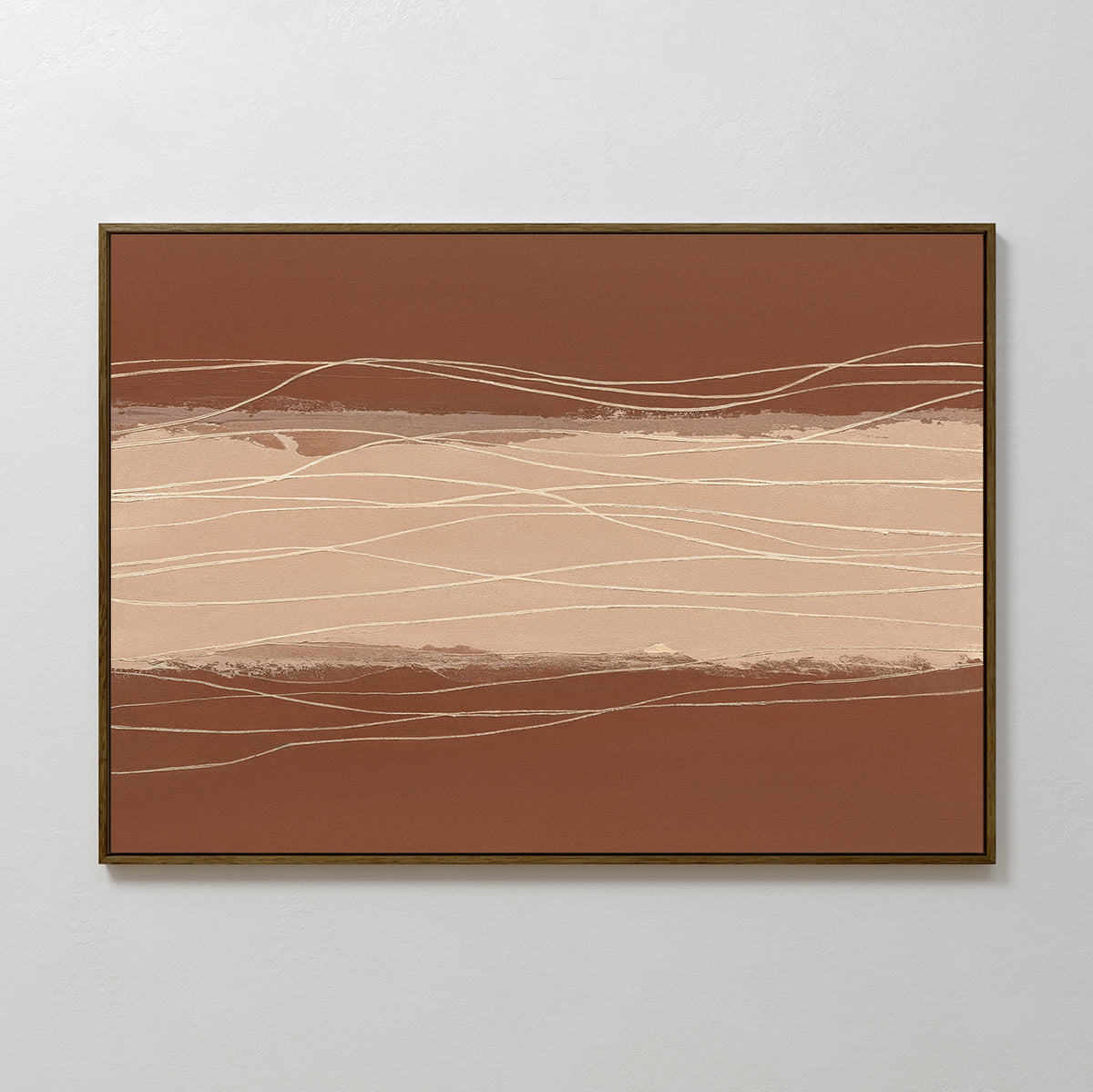 Terracotta Currents Canvas Art - Horizontal features wavy beige and brown lines with a textured look in a dark frame, creating movement and warmth—ideal terracotta wall art for enhancing any space.