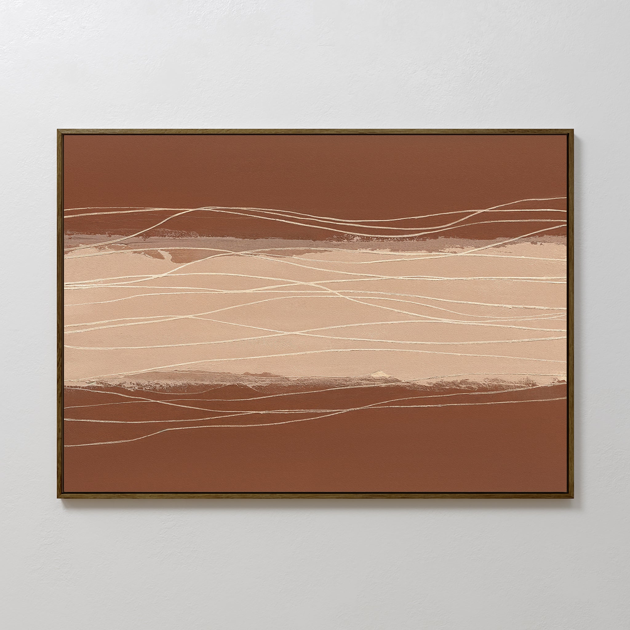 Terracotta Currents Canvas Art - Horizontal features wavy beige and brown lines with a textured look in a dark frame, creating movement and warmth—ideal terracotta wall art for enhancing any space.