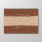 Terracotta Currents Canvas Art - Horizontal features abstract modern bands in brown and beige intersected by wavy white and tan lines. This minimalist piece in a thin black frame adds Nordic Park wall art style to any space.