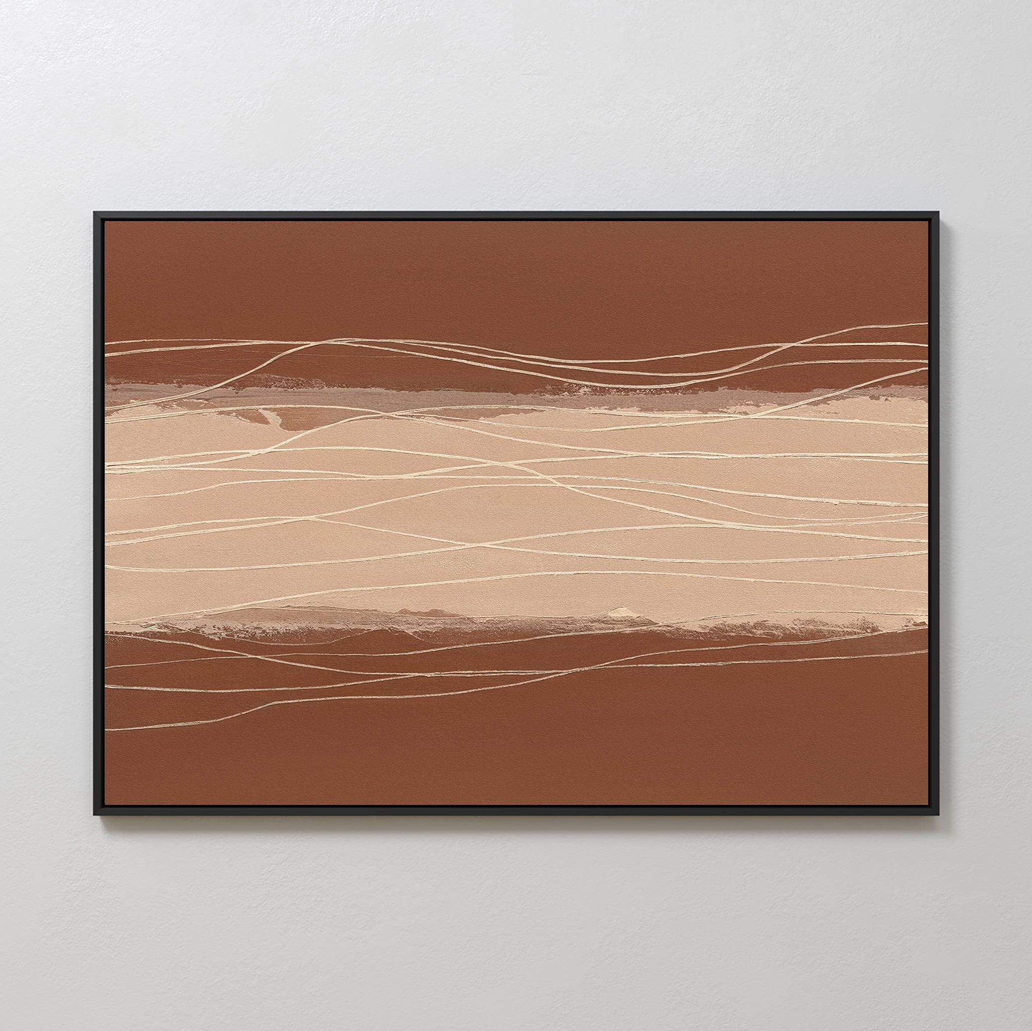 Terracotta Currents Canvas Art - Horizontal features abstract modern bands in brown and beige intersected by wavy white and tan lines. This minimalist piece in a thin black frame adds Nordic Park wall art style to any space.