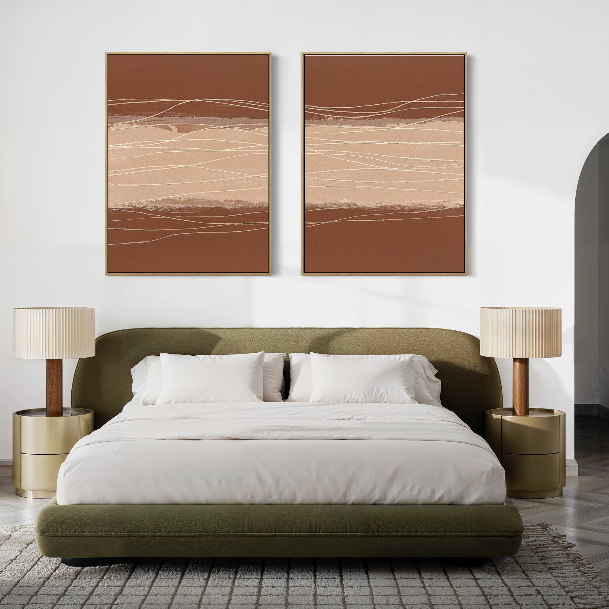 A modern bedroom with an olive-green bed, white bedding, two beige nightstands with matching lamps, and the Terracotta Currents - Set Of 2 wall art above the headboard adds a touch of modern elegance.
