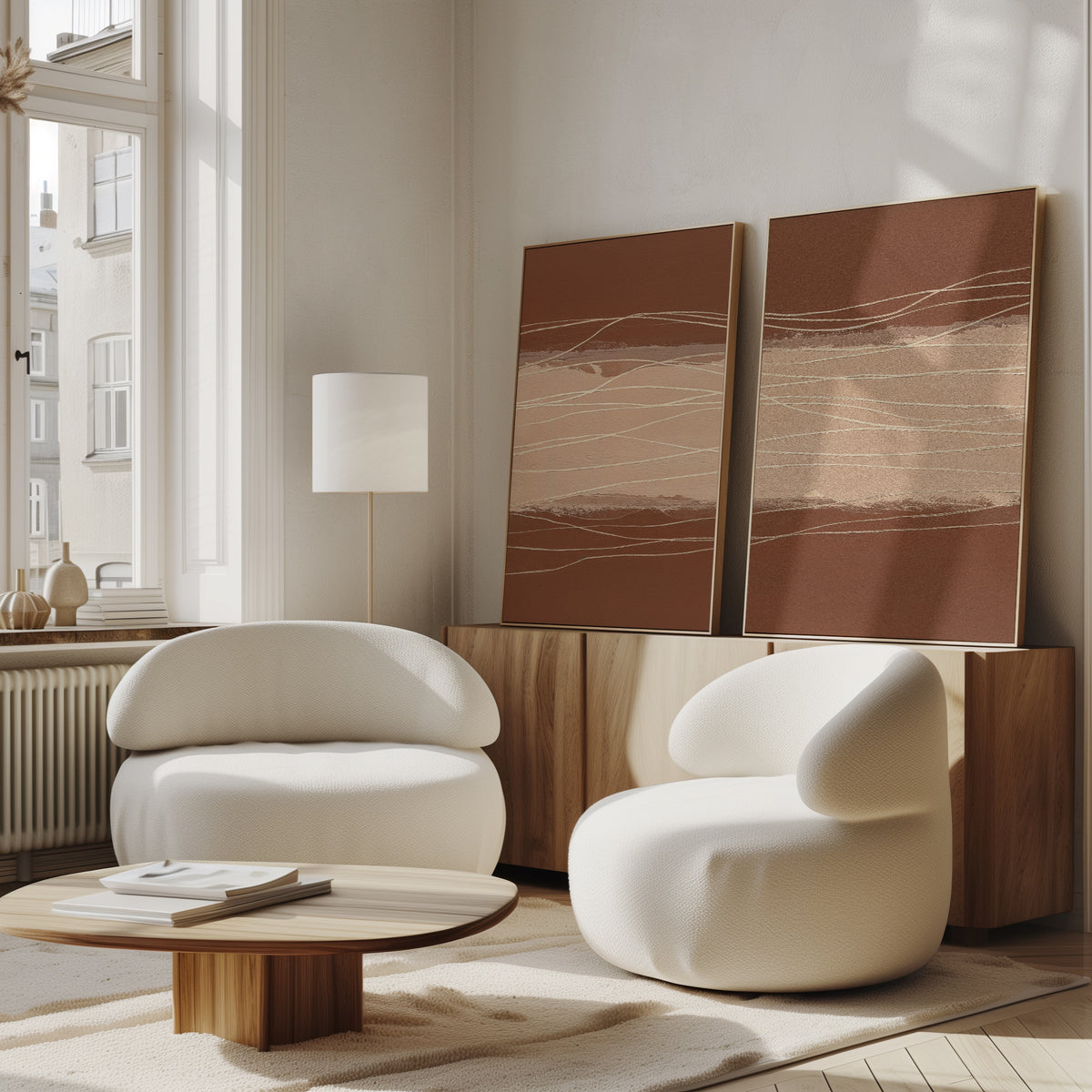 A modern living room with two white curved armchairs, a low wood coffee table, a wooden sideboard, and Terracotta Currents - Set Of 2 wall art resting against the wall. Large windows fill the space with natural light.