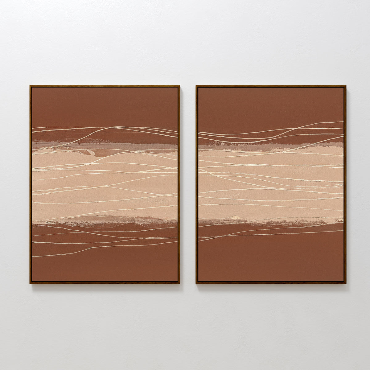 Terracotta Currents - Set Of 2 features abstract wall art with horizontal brown and beige bands accented by wavy white and tan lines, bringing modern elegance and a minimalist, earthy vibe to your décor.