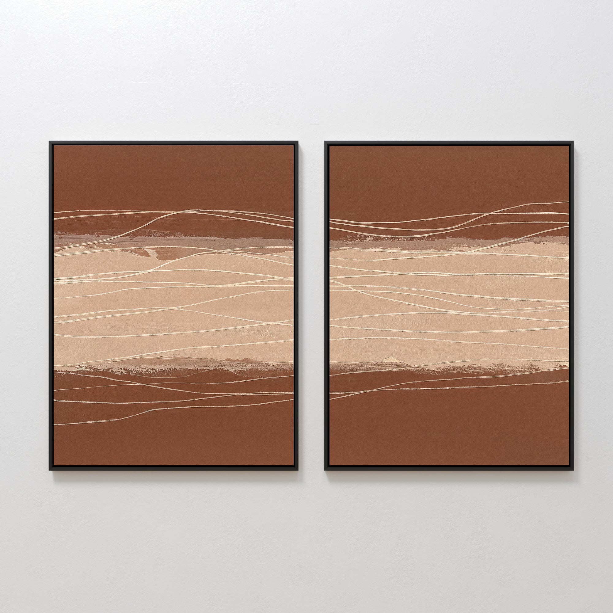 Terracotta Currents - Set Of 2 features abstract art prints with brown and beige bands and wavy white lines, each framed in black and displayed side by side for a modern, elegant look.