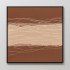The Terracotta Currents Canvas Art - Square features earthy brown and beige tones with wavy cream lines and a black frame, making it an ideal accent for any Nordic Park-inspired decor.