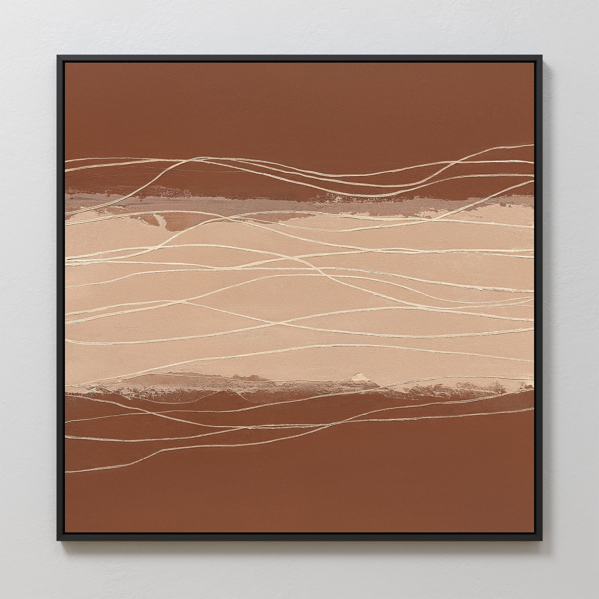 The Terracotta Currents Canvas Art - Square features earthy brown and beige tones with wavy cream lines and a black frame, making it an ideal accent for any Nordic Park-inspired decor.