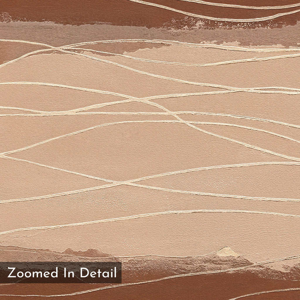 A close-up of the Terracotta Currents Canvas Art - Square shows wavy cream lines over shades of brown and beige, with "Zoomed In Detail" labeled in the bottom left corner.