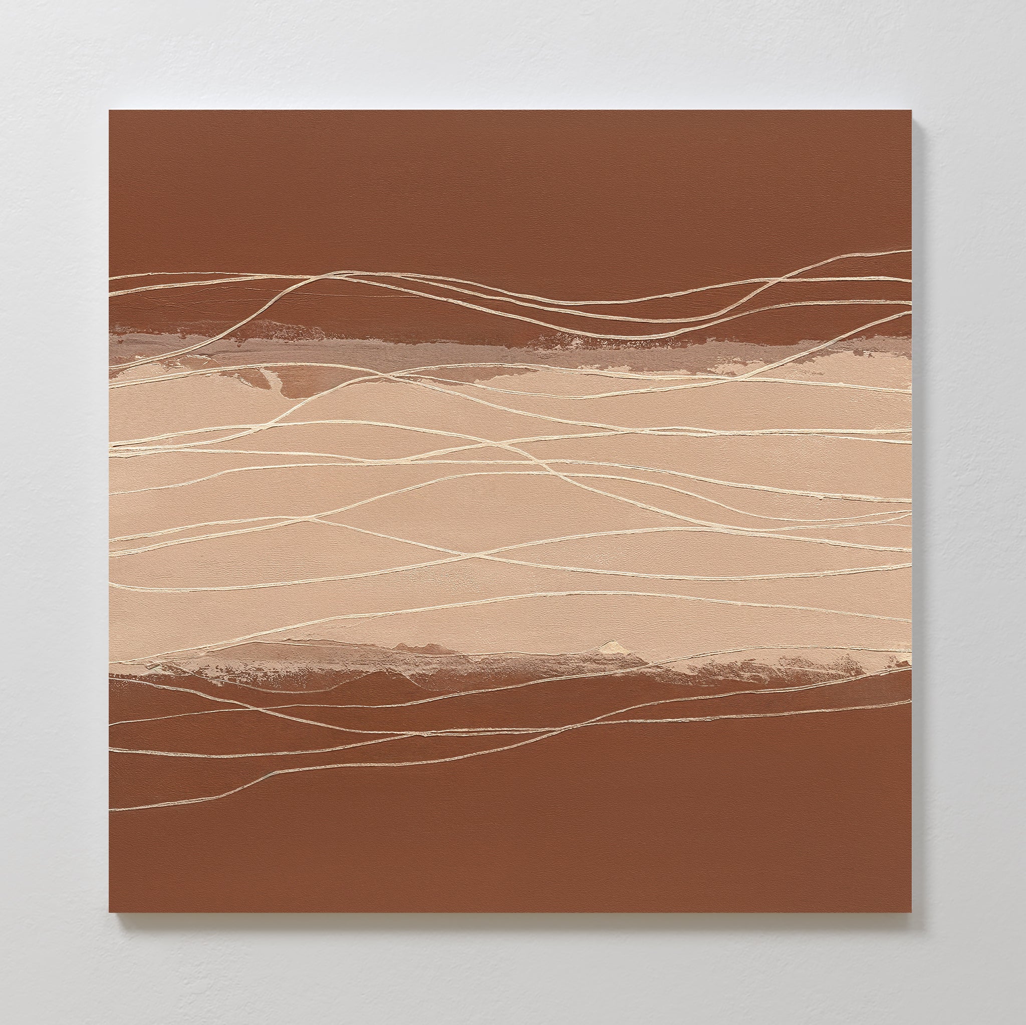 The Terracotta Currents Canvas Art - Square features layered browns and beiges with wavy white and tan lines, creating a textured, landscape-like effect—ideal for Nordic Park-inspired or terracotta wall art décor.