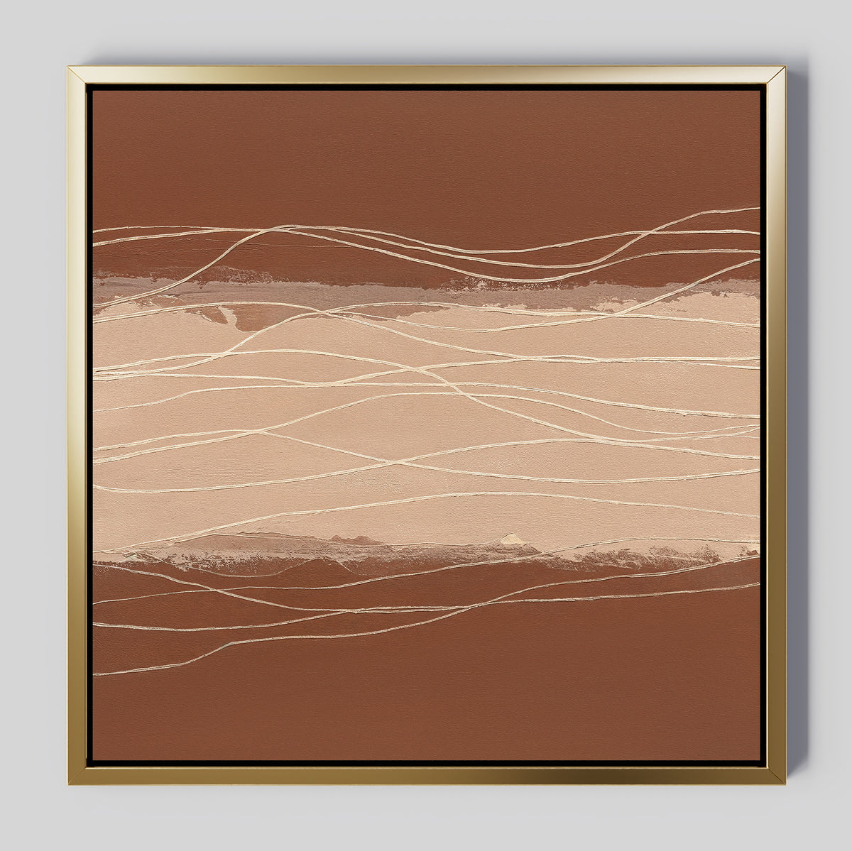 Terracotta Currents Canvas Art - Square features abstract warm brown and beige tones with thin, wavy white lines crossing horizontally. Elegantly framed in gold with a subtle shadow, it stands out against a neutral background.