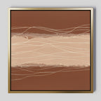 Terracotta Currents Canvas Art - Square features abstract warm brown and beige tones with thin, wavy white lines crossing horizontally. Elegantly framed in gold with a subtle shadow, it stands out against a neutral background.